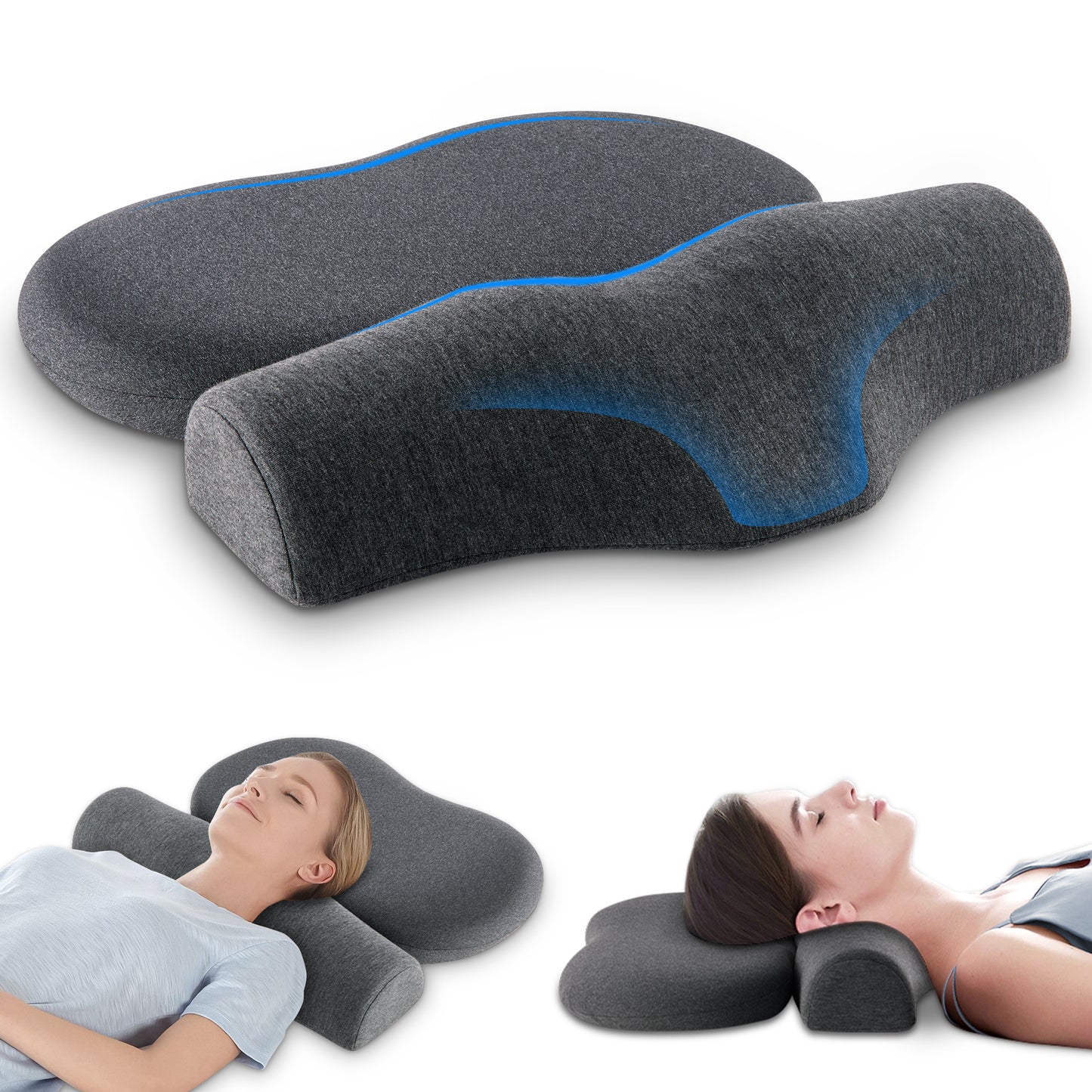 MOONORAH 2-in-1 Cervical Pillow Set, Memory Foam Waterdrop Neck Pillow + Flat Pillow for Side/Back Sleepers, Relieves Neck Pain, Home & Travel, 1 Set
