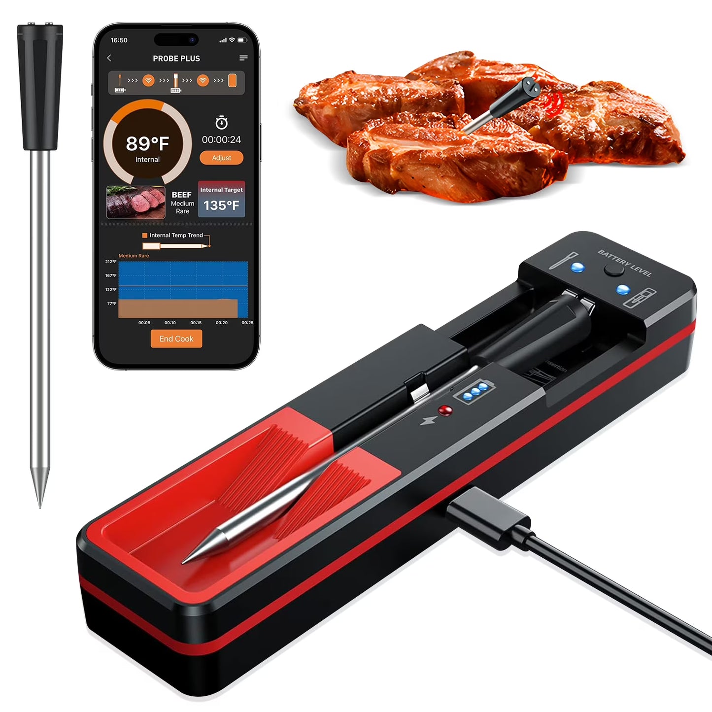 KAIPARA Smart Wireless Meat Thermometer with Ultra-Thin Probe, 24H Probe App Alerts Precise Temp Tracking, 6 Sensors Accuracy Digital Food Thermometer 0.5S Instant Read, for BBQ, Grill, Oven, Air Fry