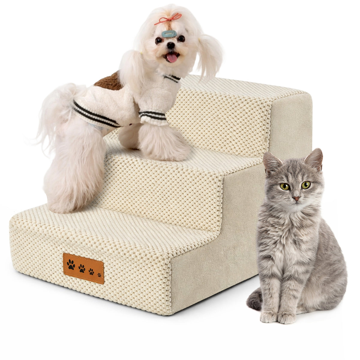 MOONORAH Dog Stairs for Small Dogs 13.8"H, 3-Step Dog Steps for High Bed,Pet Steps for Small Dogs and Cats,Dog Stairs Ramp for High Density Foam,Beige