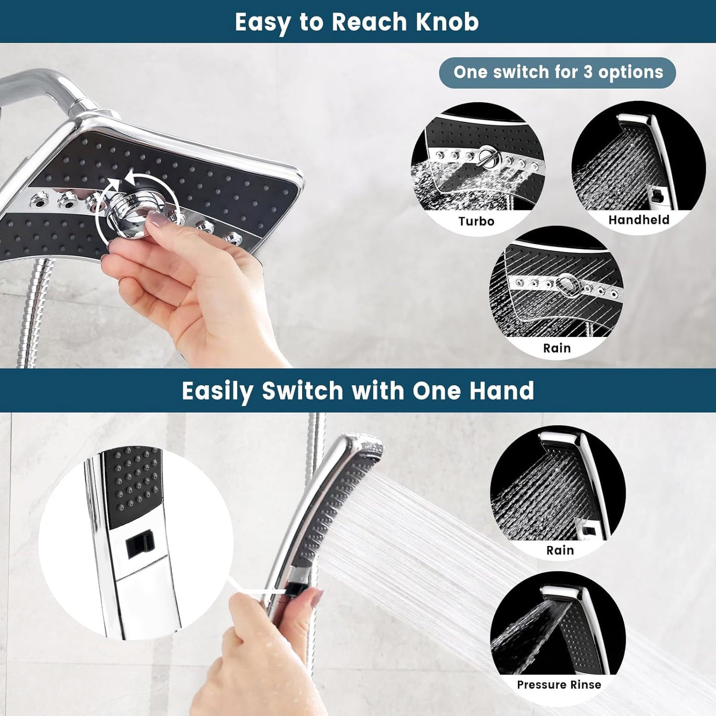 OTDLIGHT Dual Shower Head Combo Set,Handheld Showerhead with High Pressure,Large Rainfall & 4-Mode Showerhead,60 Inches Stainless Steel Shower Hose-Silver Chrome