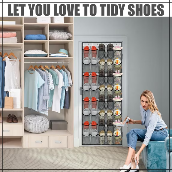 Onekawa 40 Pairs Over The Door Shoe Organizer, Space Saving Hanging Shoe Rack for Closet Door with 8 Hooks, Breathable Mesh Storage Holder for Shoes, Accessories, Holds Up to 40 lbs, Gray