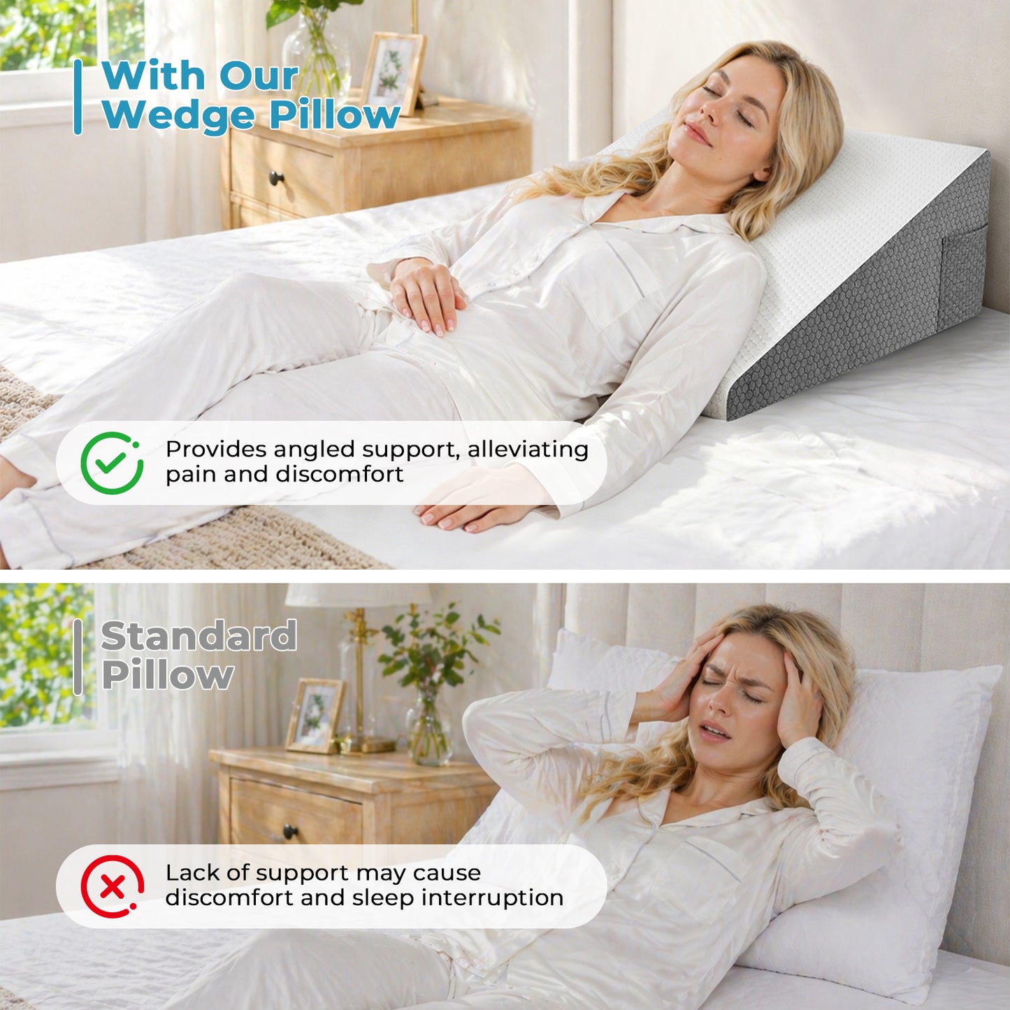 MOONORAH Wedge Pillow, Bed Wedge Pillow Headboard, Adjustable Wedge Pillow for Acid Reflux and Back Pain Relief, Sleeping, Post Surgery, Back Support Pillow for Bed Sitting Up, White/Grey