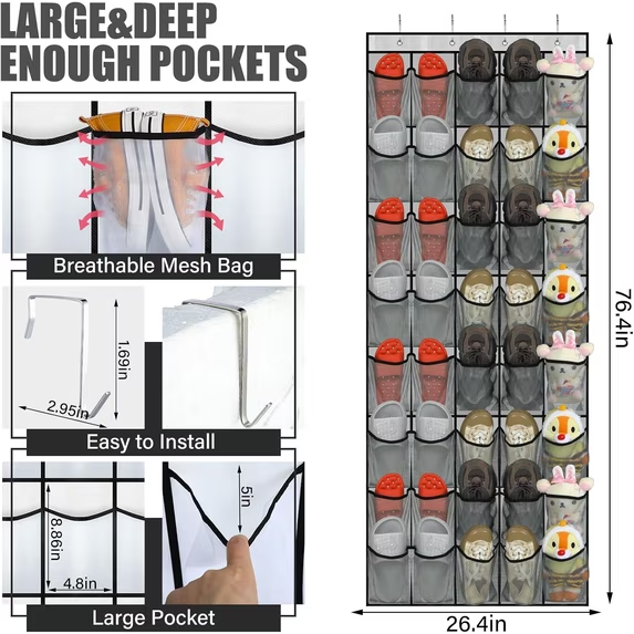 Onekawa 40 Pairs Over The Door Shoe Organizer, Space Saving Hanging Shoe Rack for Closet Door with 8 Hooks, Breathable Mesh Storage Holder for Shoes, Accessories, Holds Up to 40 lbs, Gray