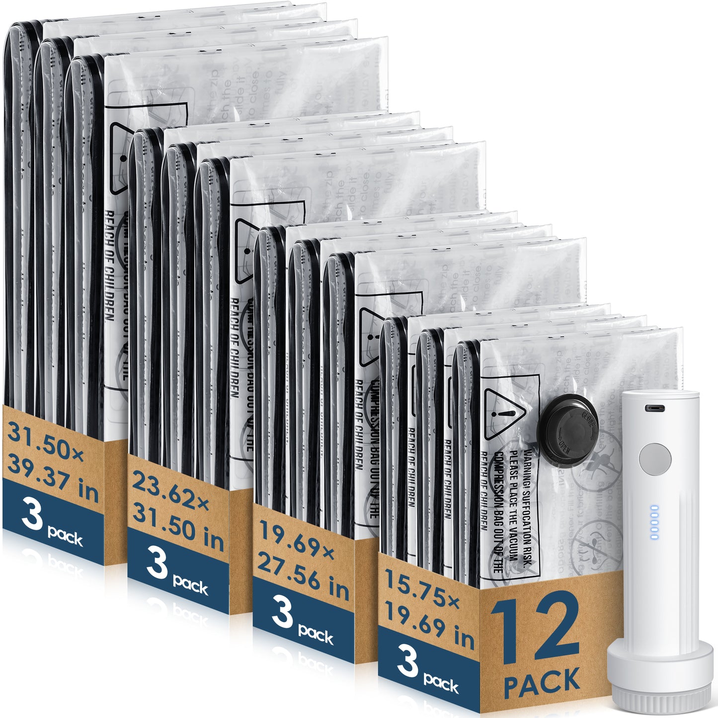 LAFAYTTE Vacuum Bags for Travel with Cordless Rechargeable Pump, 12 Pack Travel Vacuum Bags with pump, Compression Storage Bags (3XL/3L/3M/3S) for Clothes, Luggage & Suitcase