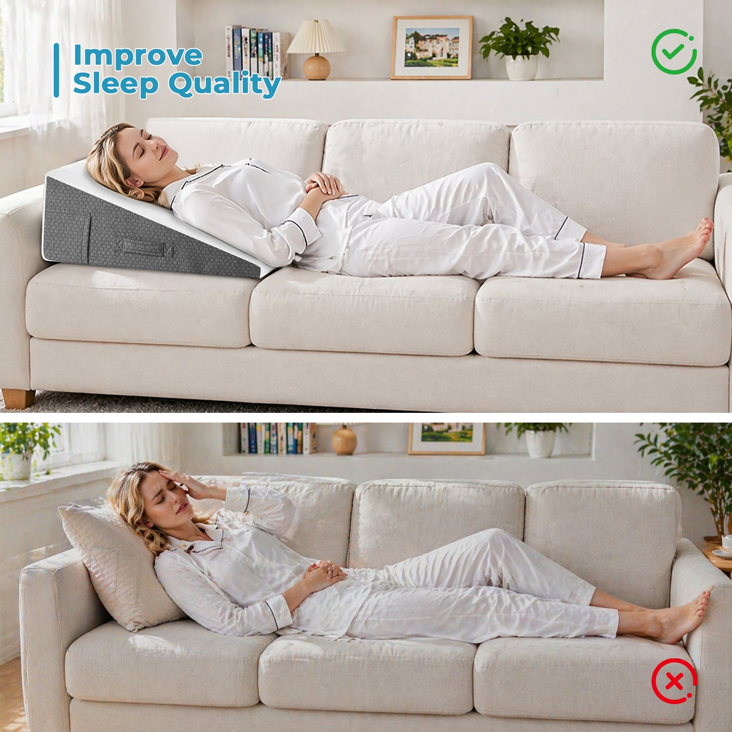 MOONORAH Wedge Pillow, Bed Wedge Pillow Headboard, Adjustable Wedge Pillow for Acid Reflux and Back Pain Relief, Sleeping, Post Surgery, Back Support Pillow for Bed Sitting Up, White/Grey