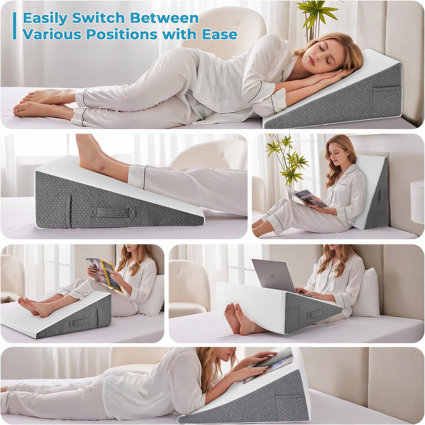 MOONORAH Wedge Pillow, Bed Wedge Pillow Headboard, Adjustable Wedge Pillow for Acid Reflux and Back Pain Relief, Sleeping, Post Surgery, Back Support Pillow for Bed Sitting Up, White/Grey