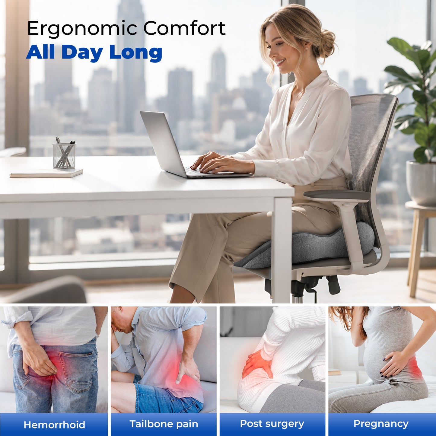 WANALIT Seat Cushion for Tailbone & Sciatica Pain Relief, Ergonomic Memory Foam Coccyx Cushion for Office Chair, Car, Wheelchair & Long Sitting, Pressure Relief Pad for Hip & Tailbone - Gray