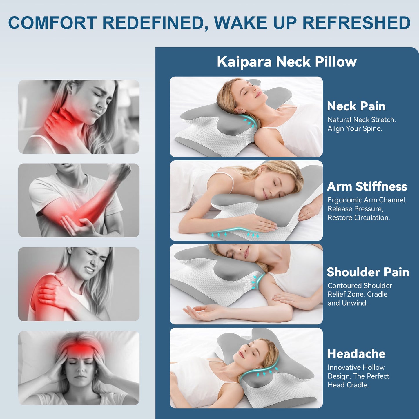 KAIPARA Ergonomic Cervical Neck Pillow for Sleeping, Contour Memory Foam Bed Pillow with Cooling Cover, Orthopedic Neck Support Pillow for Side, Back & Stomach Sleepers, Grey White