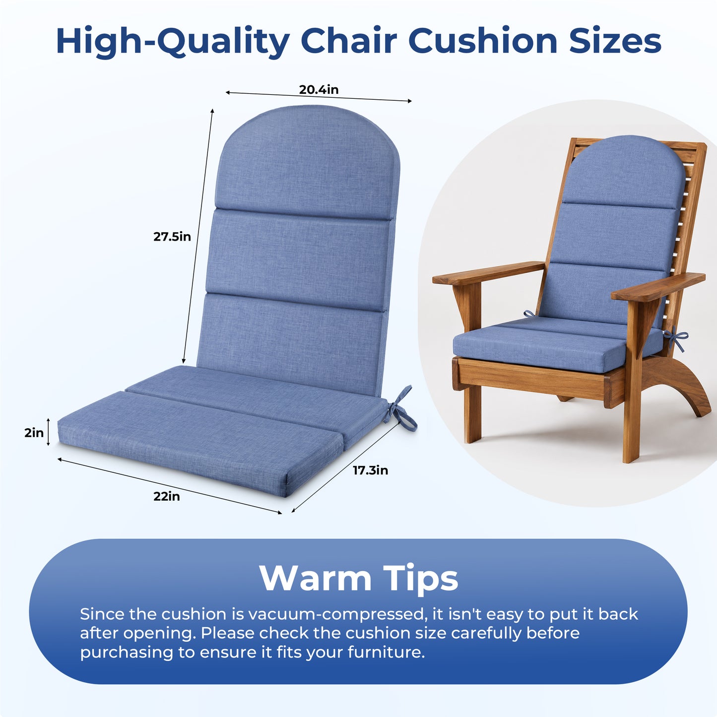 DONAMA Outdoor Chair Cushion Waterproof with Ties for Patio Garden Furniture, Navy Blue 48x22x2 inch