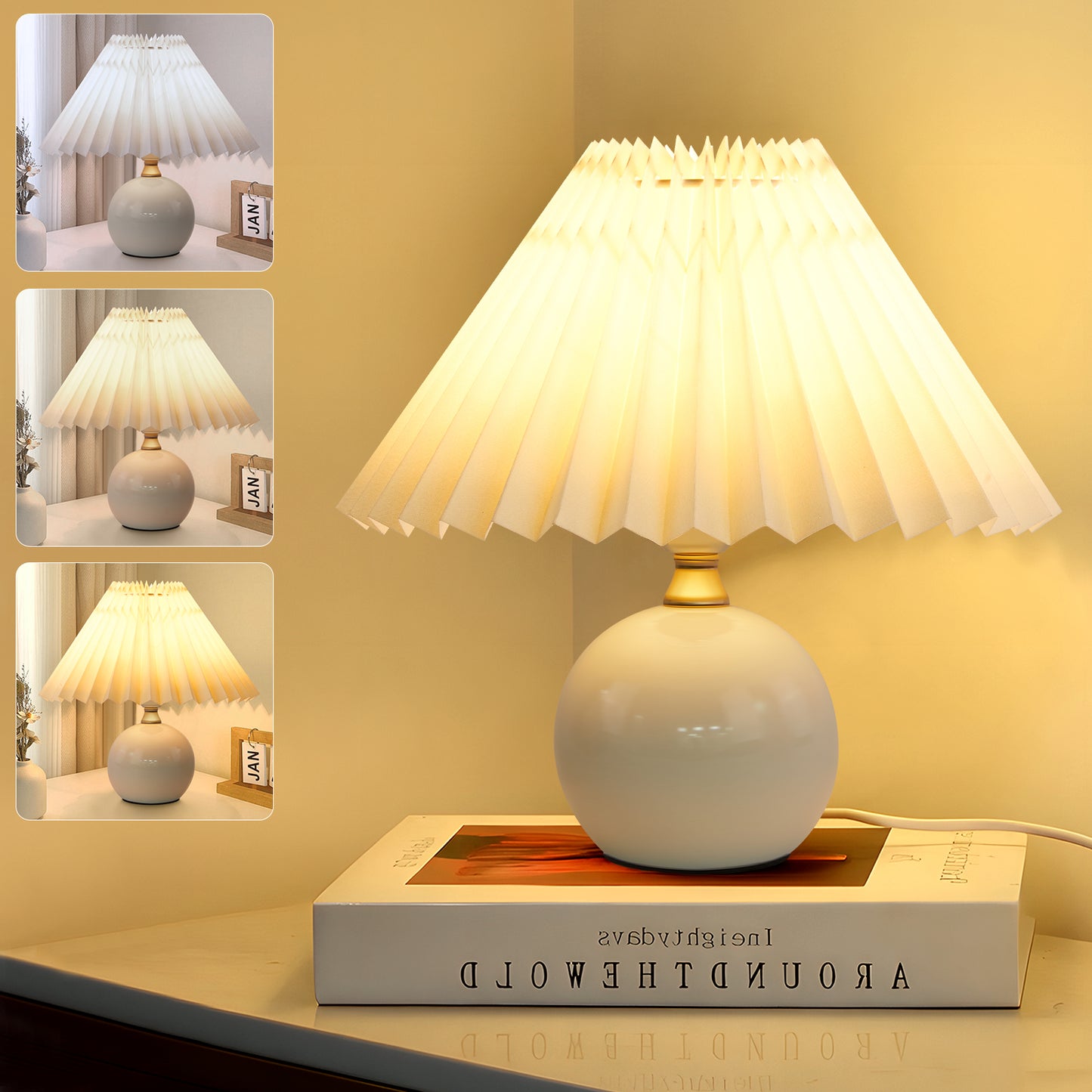 LOFTER-PRO Modern Ceramic Table Lamp for Living Room, Desk Lamps for Bedroom Pleated Fabric Bedside Nightstand Bedside Lamp Table Lamps, Beige