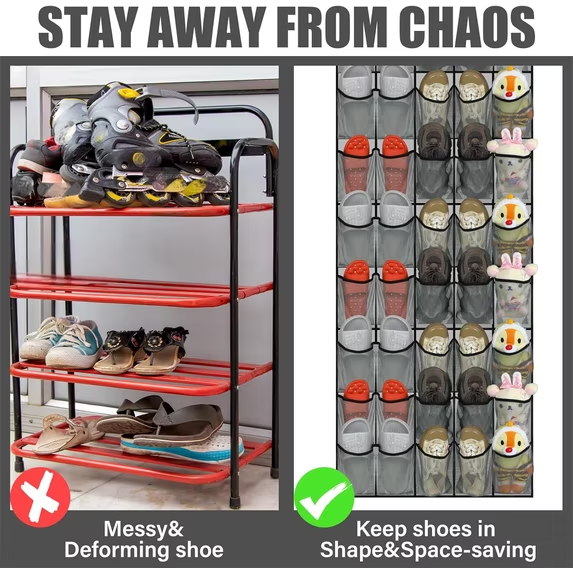 Onekawa 40 Pairs Over The Door Shoe Organizer, Space Saving Hanging Shoe Rack for Closet Door with 8 Hooks, Breathable Mesh Storage Holder for Shoes, Accessories, Holds Up to 40 lbs, Gray