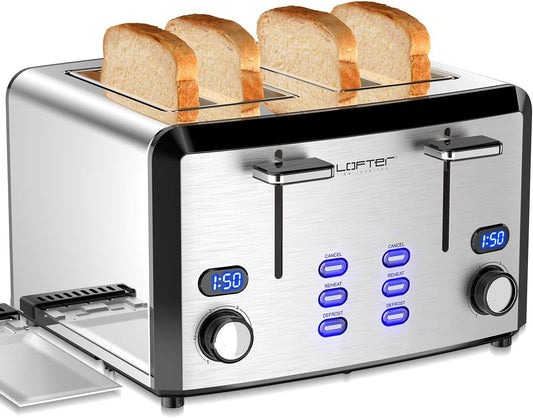 LOFTER Toaster, Prime Rated Bread Toasters with Compact LED Display, Removable Crumb Tray (4 Slice) 