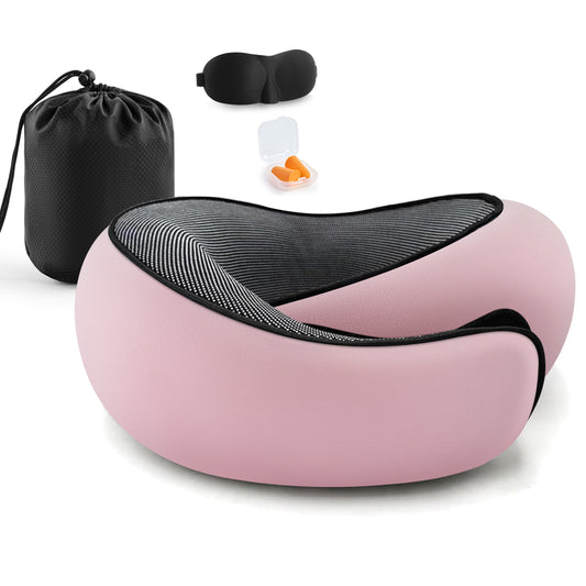 MOONORAH Travel Pillows for Airplanes, Travel Neck Pillow Travel Pillow, 360° Support Memory Foam Travel Pillow with 3D Contoured Eye Mask, Earplugs and Storage Bag for Airplanes Offices, Cars, Pink