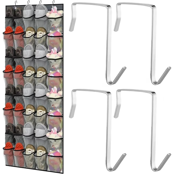 Onekawa 40 Pairs Over The Door Shoe Organizer, Space Saving Hanging Shoe Rack for Closet Door with 8 Hooks, Breathable Mesh Storage Holder for Shoes, Accessories, Holds Up to 40 lbs, Gray