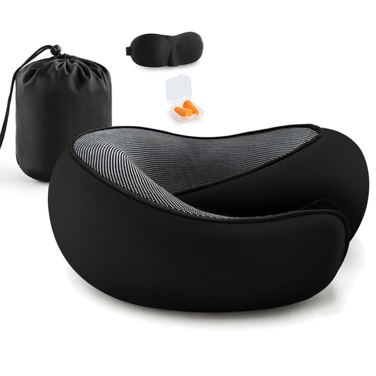 MOONORAH Travel Pillows for Airplanes, Travel Neck Pillow Travel Pillow, 360° Support Memory Foam Travel Pillow with 3D Contoured Eye Mask, Earplugs and Storage Bag for Airplanes Offices, Cars, Black