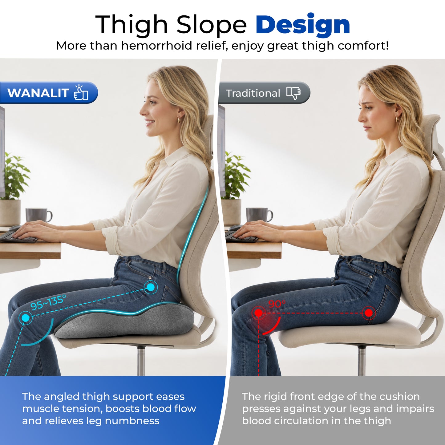 WANALIT Seat Cushion for Tailbone & Sciatica Pain Relief, Ergonomic Memory Foam Coccyx Cushion for Office Chair, Car, Wheelchair & Long Sitting, Pressure Relief Pad for Hip & Tailbone - Gray