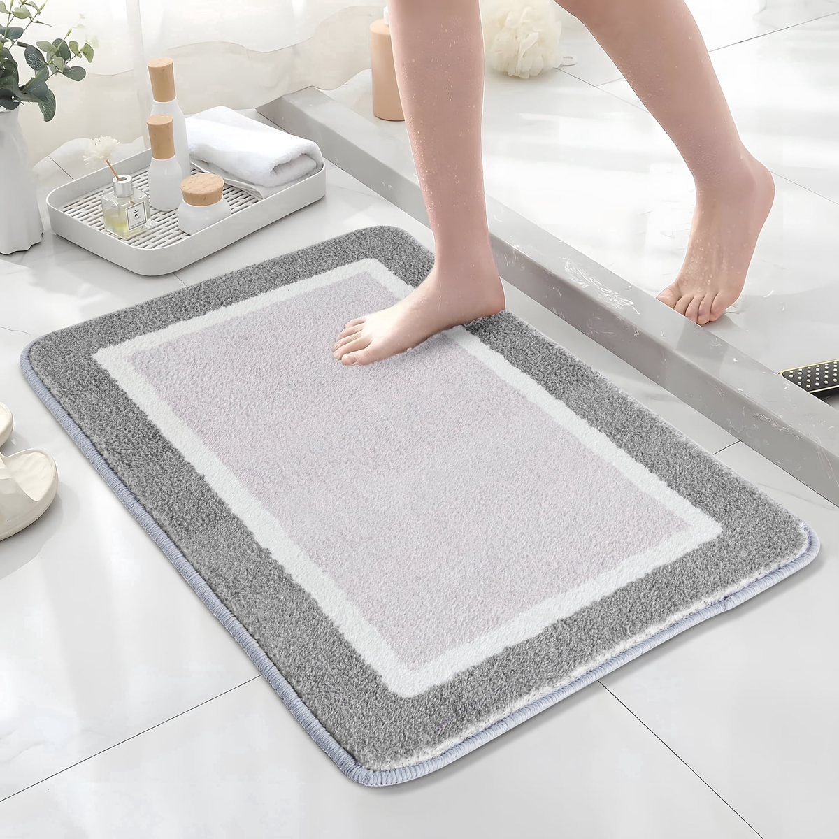 Onekawa Bath Mat - Soft Absorbent Microfiber Non Slip - 16 x 24 in Gray