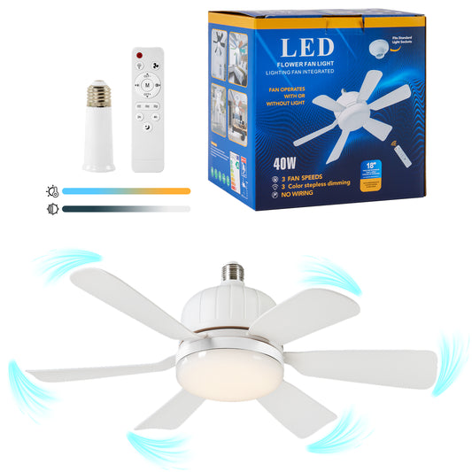 LOFTER-Pro Socket Fans with Lights, 18'' Small Ceiling Fan with Light, 3 Colors 3000K-6500K, 1500 Lumens Dimmable Led Bulb, Screw in E26 Base for Bedroom Living Room Kitchen Garage, White