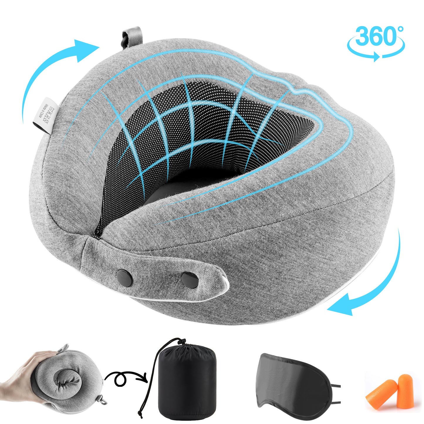 MOONORAH Travel Neck Pillows for Airplanes, Memory Foam Travel Neck Pillow-Folding Travel Pillow with Eye Masks, Earplugs, and Luxury Bag | Ergonomic Support for Air Travel, Car, Office (Gray)