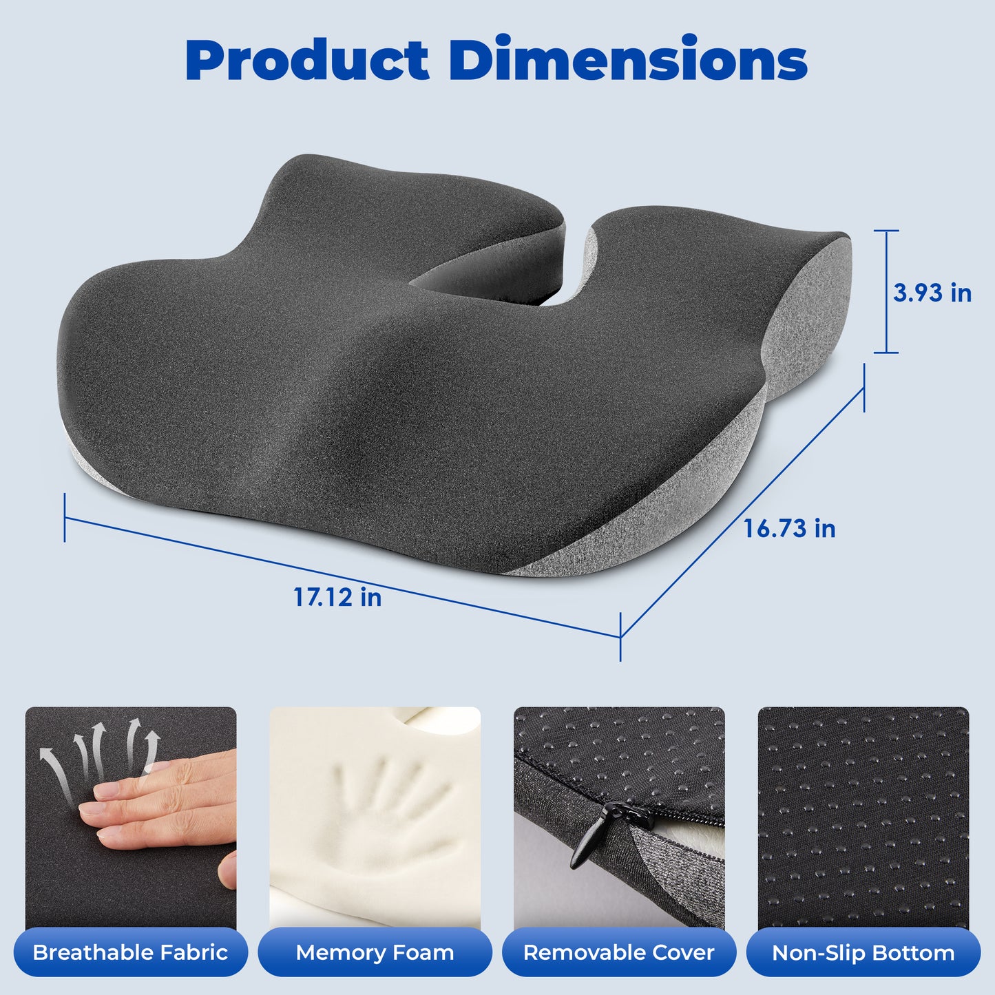 WANALIT Seat Cushion for Tailbone & Sciatica Pain Relief, Ergonomic Memory Foam Coccyx Cushion for Office Chair, Car, Wheelchair & Long Sitting, Pressure Relief Pad for Hip & Tailbone - Gray