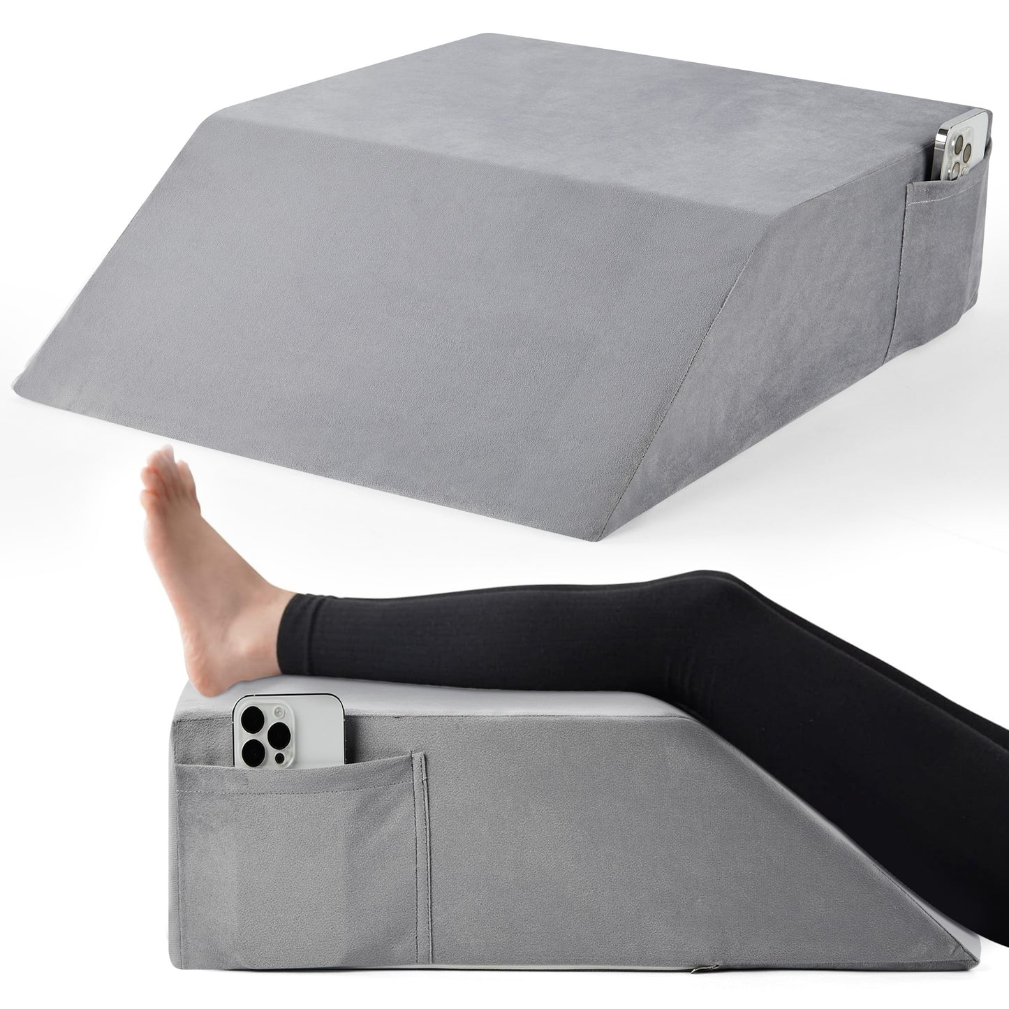 WANALIT Wedge Pillow for Post Surgery Recovery, Leg Wedge Pillow for Knee Elevation, Back & Hip Pain Relief, Leg & Ankle Swelling, Blood Circulation, High-Density Sponge (Grey, Flannelette)