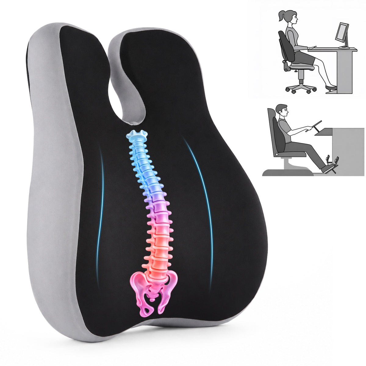 WANALIT Ergonomic Memory Foam Seat Cushion - Back Support for Office Chair - Black