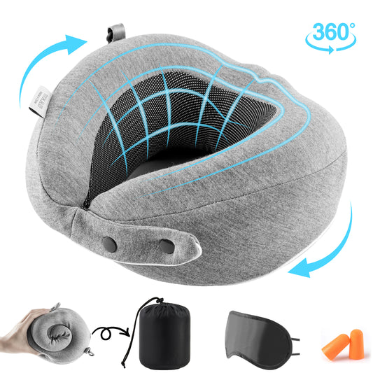 MOONORAH Travel Neck Pillows for Airplanes, Memory Foam Travel Neck Pillow-Folding Travel Pillow with Eye Masks, Earplugs, and Luxury Bag | Ergonomic Support for Air Travel, Car, Office (Gray)