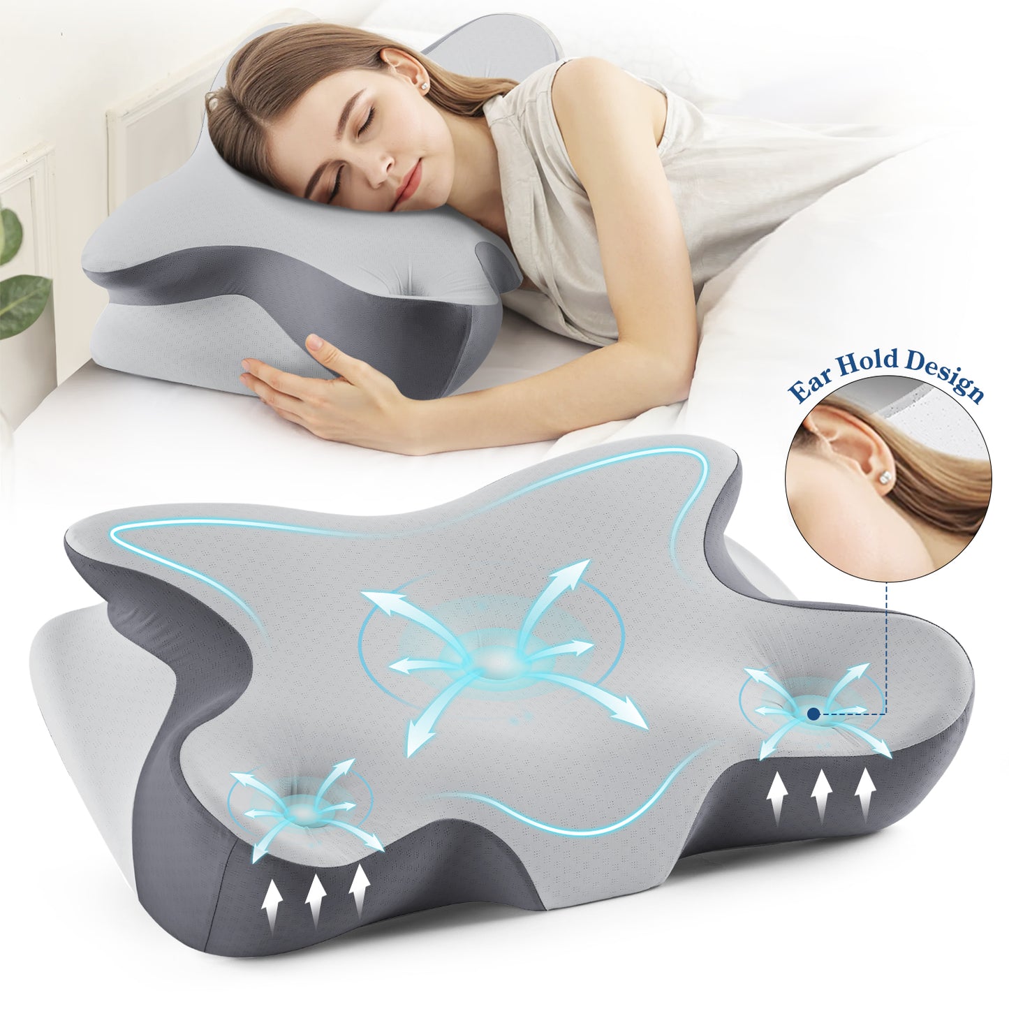 MOONORAH Cervical Pillow for Neck and Shoulder, Ergonomic Side Sleeper Pillow for Neck Support, Contour Memory Foam Pillows for Side Back & Stomach Sleepers with Cooling Pillowcase, Dark Gray