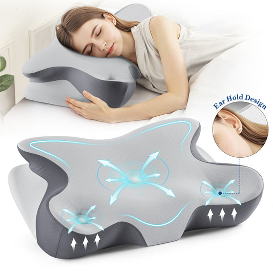 MOONORAH Cervical Pillow for Neck and Shoulder, Ergonomic Side Sleeper Pillow for Neck Support, Contour Memory Foam Pillows for Side Back & Stomach Sleepers with Cooling Pillowcase, Dark Gray