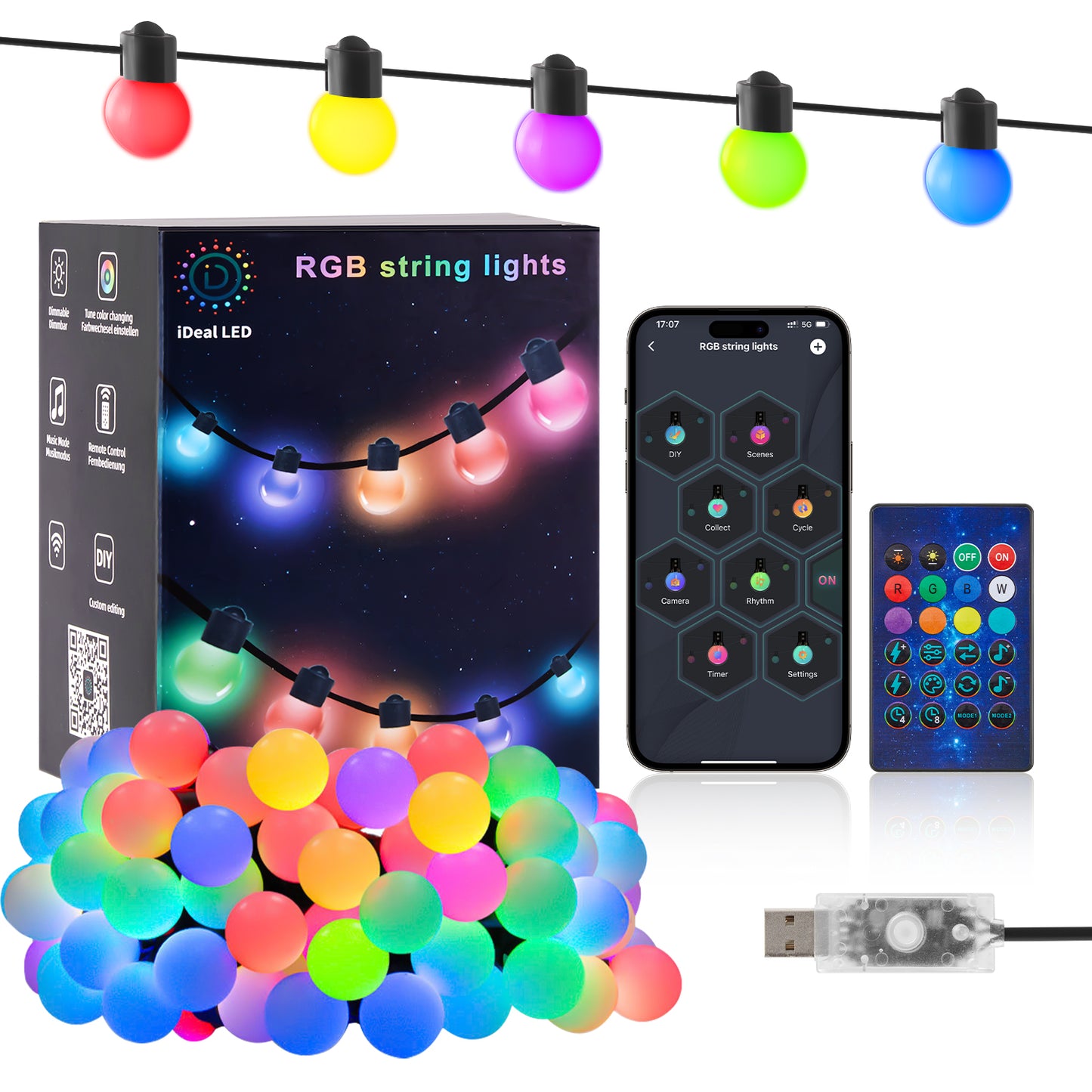 LOFTER-PRO Outdoor String Lights, LED Lights for Bedroom, 33Ft 50 Bulbs Smart RGB Outdoor String Lights Fairy Lights for Halloween Decorations, Christmas, Patio Lights, APP Control, IP65 Waterproof