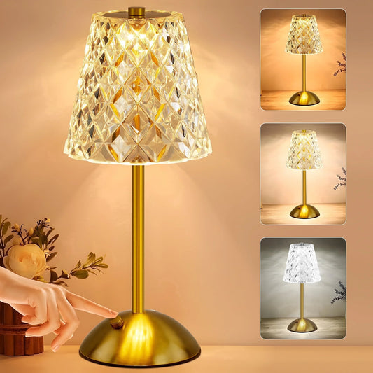 KAIPARA Cordless Table Lamp, Rechargeable Touch Control LED Desk Lamp, 3 Color Dimmable Diamond Bedside Lamps for Bedroom Living Room Home Decor