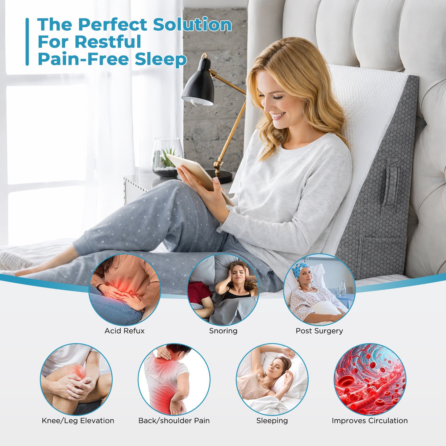 MOONORAH Wedge Pillow, Bed Wedge Pillow Headboard, Adjustable Wedge Pillow for Acid Reflux and Back Pain Relief, Sleeping, Post Surgery, Back Support Pillow for Bed Sitting Up, White/Grey