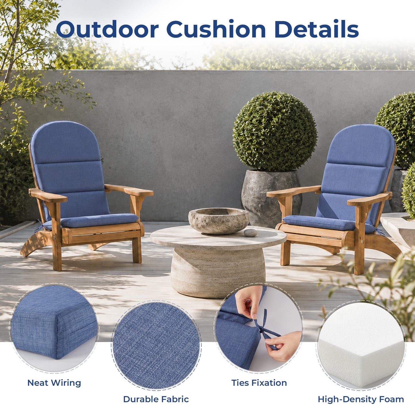 DONAMA Outdoor Chair Cushion Waterproof with Ties for Patio Garden Furniture, Navy Blue 48x22x2 inch