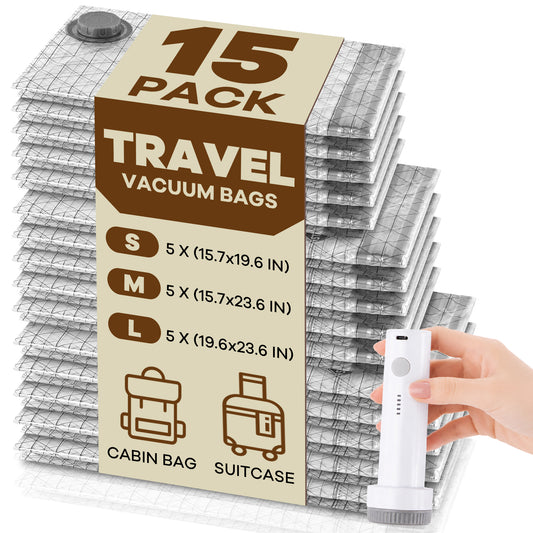 LAFAYTTE Travel Vacuum Storage Bags with Cordless Electric Pump, 15 Pack Vacuum Seal Bags for Clothes, Space Saver Travel Size Vacuum Bags for Blankets, Home Storage