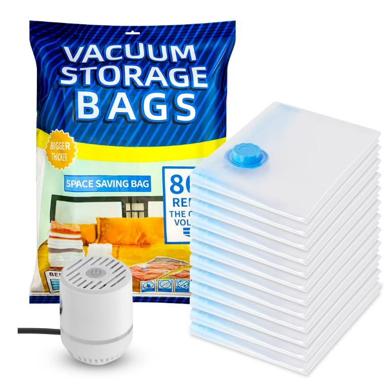 Onekawa 12-Pack Vacuum Storage Bags Set - Space-Saving Travel Solution with Pump for Clothes, Blankets, and Bedding