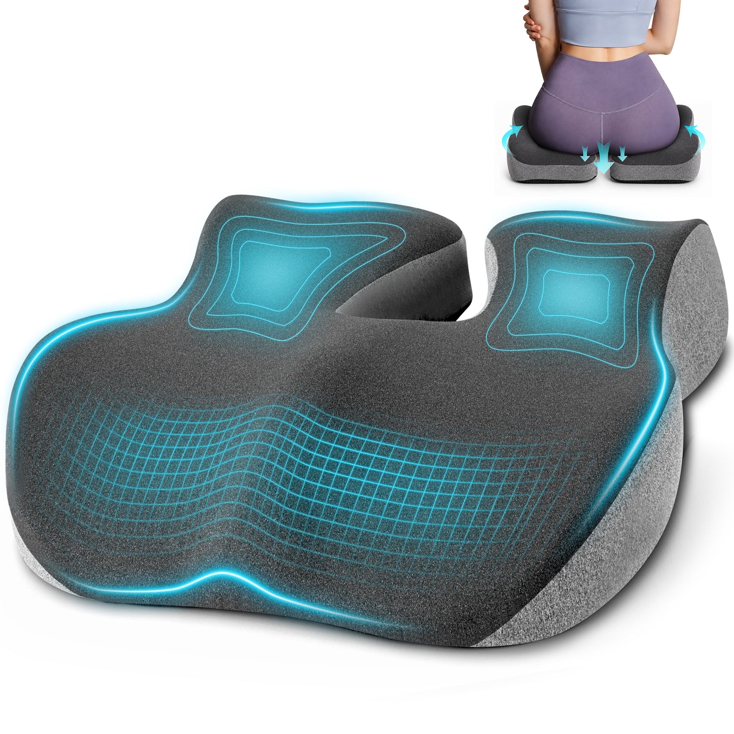 WANALIT Seat Cushion for Tailbone & Sciatica Pain Relief, Ergonomic Memory Foam Coccyx Cushion for Office Chair, Car, Wheelchair & Long Sitting, Pressure Relief Pad for Hip & Tailbone - Gray