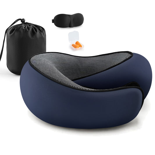 MOONORAH Travel Pillows for Airplanes, Travel Neck Pillow Travel Pillow, 360° Support Memory Foam Travel Pillow with 3D Contoured Eye Mask, Earplugs and Storage Bag for Airplanes Offices, Cars, Blue
