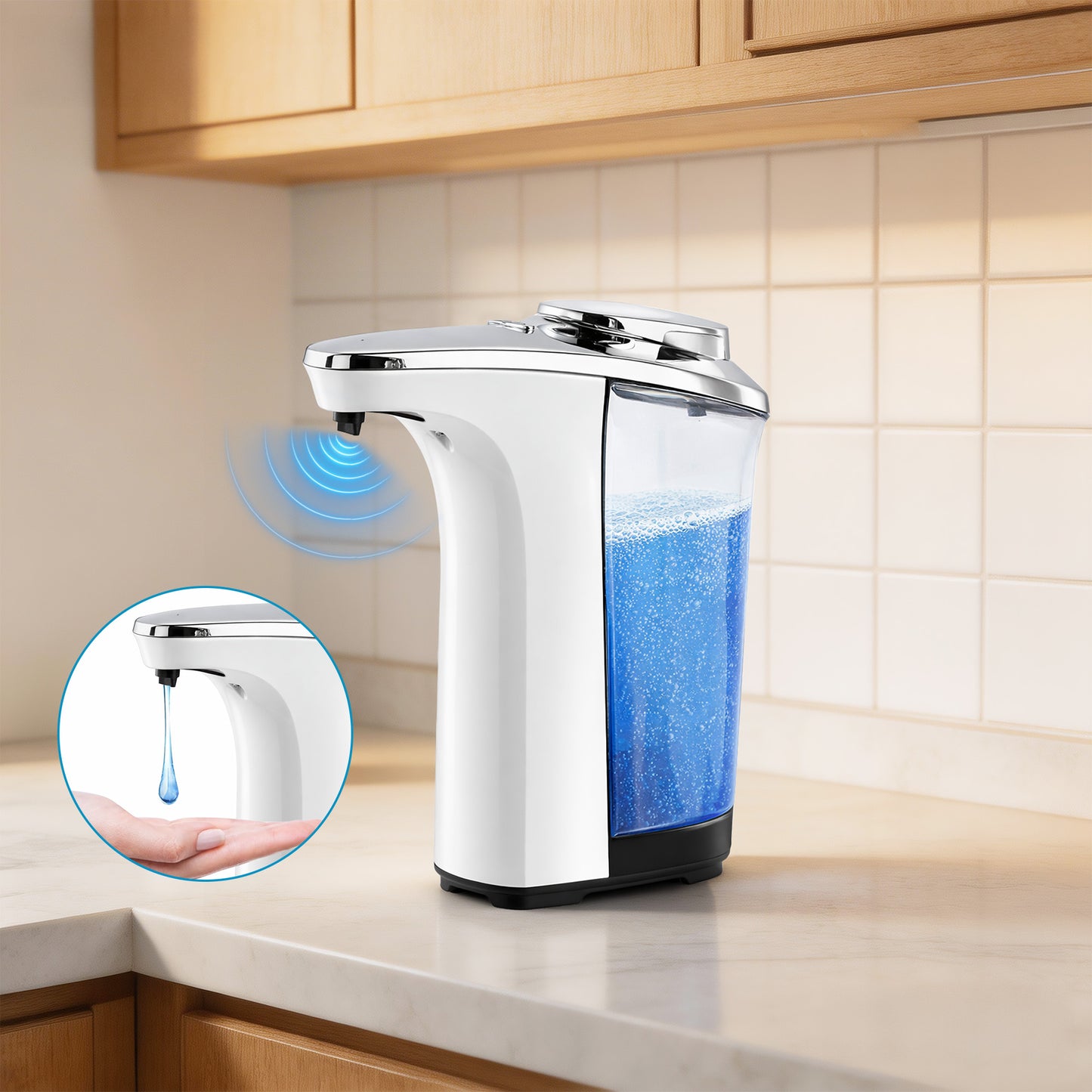 WANALIT Automatic Soap Dispenser Touchless, 17oz/500ml Dish Soap Dispenser with Infrared Sensor, 5 Adjustable Foam Levels, for Kitchen Bathroom Sink Countertop, Silver-White