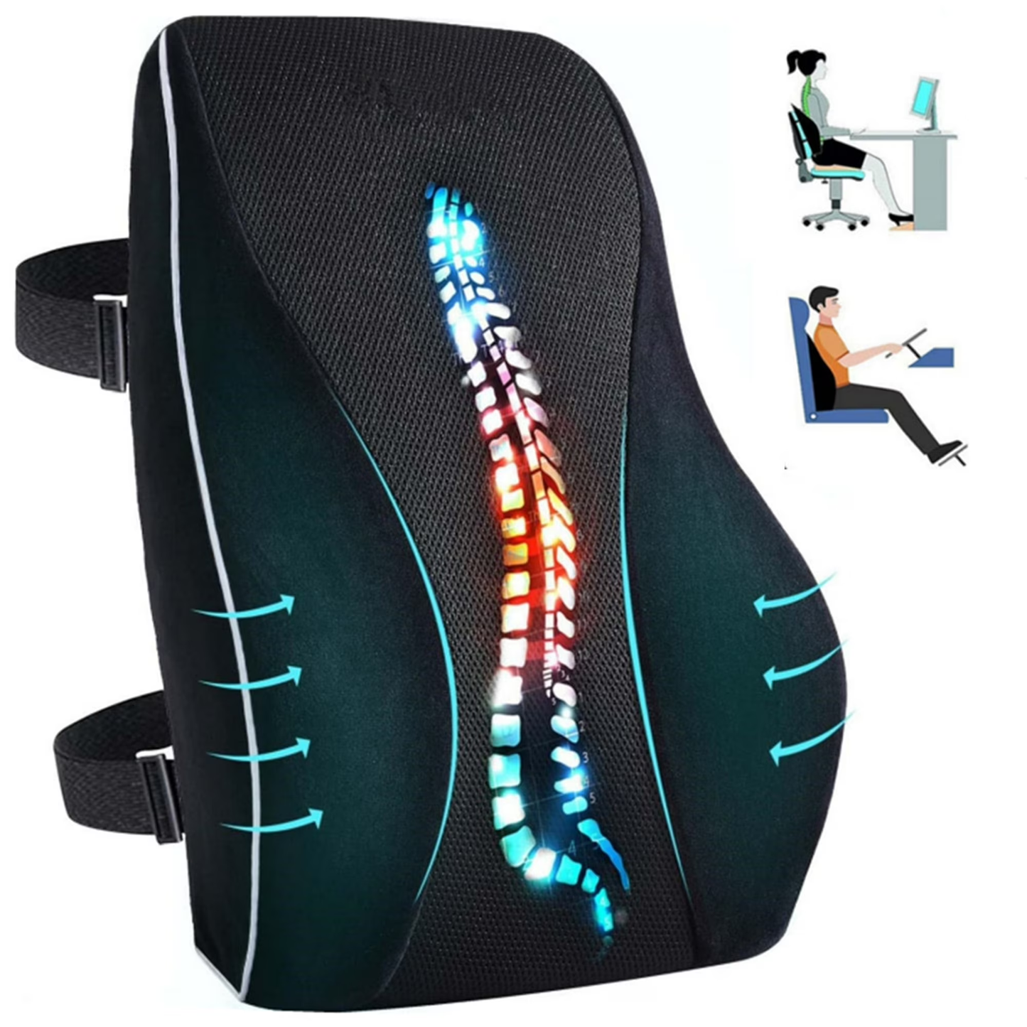 WANALIT Lumbar Support Pillow,Lumbar Pillow Cushion for Car, Computer, Gaming Chair,Ergonomic Memory Foam Back Cushion with Adjustable Strap,Black