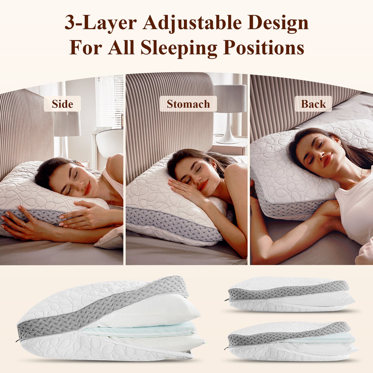 D O N A M A Adjustable Layer Cervical Pillow – 3-Layer customizable pillow with soft & firm inserts for personalized comfort, ergonomic support for side, back & stomach sleepers, removable washable cover, 20"x26"