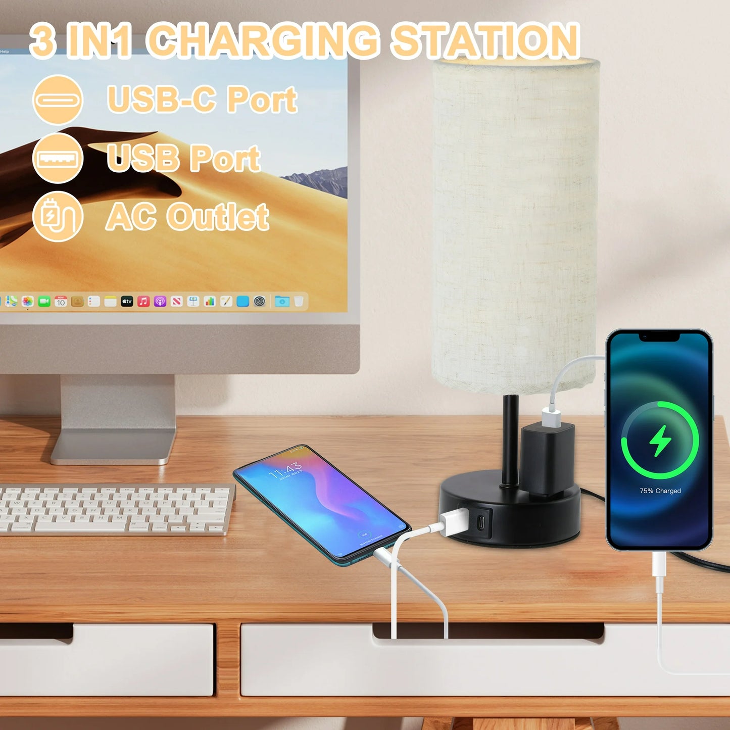 LOFTER-Pro Bedside Table Lamp for bedroom, 3 Way Dimmable Touch Lamp with USB Port and AC Outlet, Small Desk Lamp for Night Stands, Living Room, Office