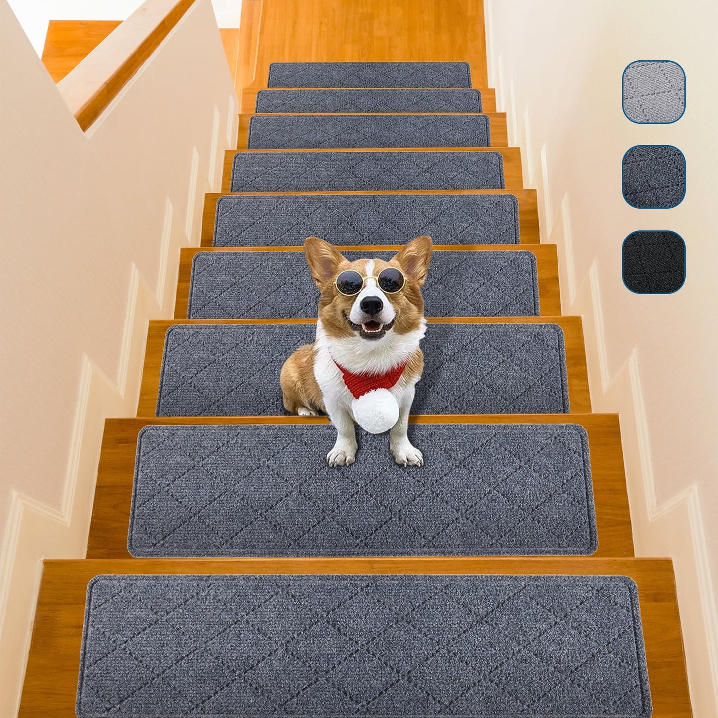 MOONORAH Stair Treads Non Slip Carpet Mat for Wooden Steps with Reusable Adhesive, Polyester TPR Backing Edging Stair Rugs 30'' X 8'' Indoor Stair Runners for Kids Elders & Dogs -4pc, Dark Grey