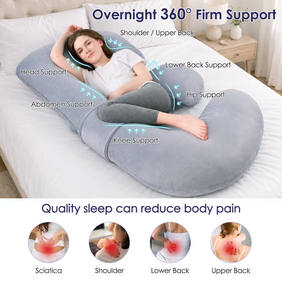 MOONORAH Pregnancy Pillow for Sleeping, E-Shaped Full Body Pillow for Side Sleepers, Wedge Body Support for Back Belly Hips Legs, Adjustable Detachable, 59'' Gray, Removable Cover