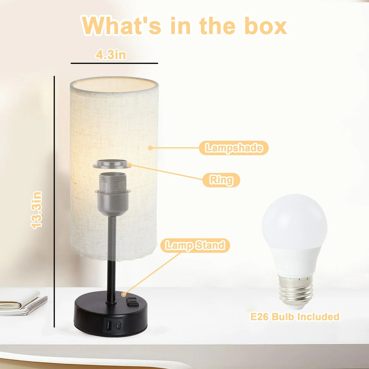 LOFTER-Pro Bedside Table Lamp for bedroom, 3 Way Dimmable Touch Lamp with USB Port and AC Outlet, Small Desk Lamp for Night Stands, Living Room, Office