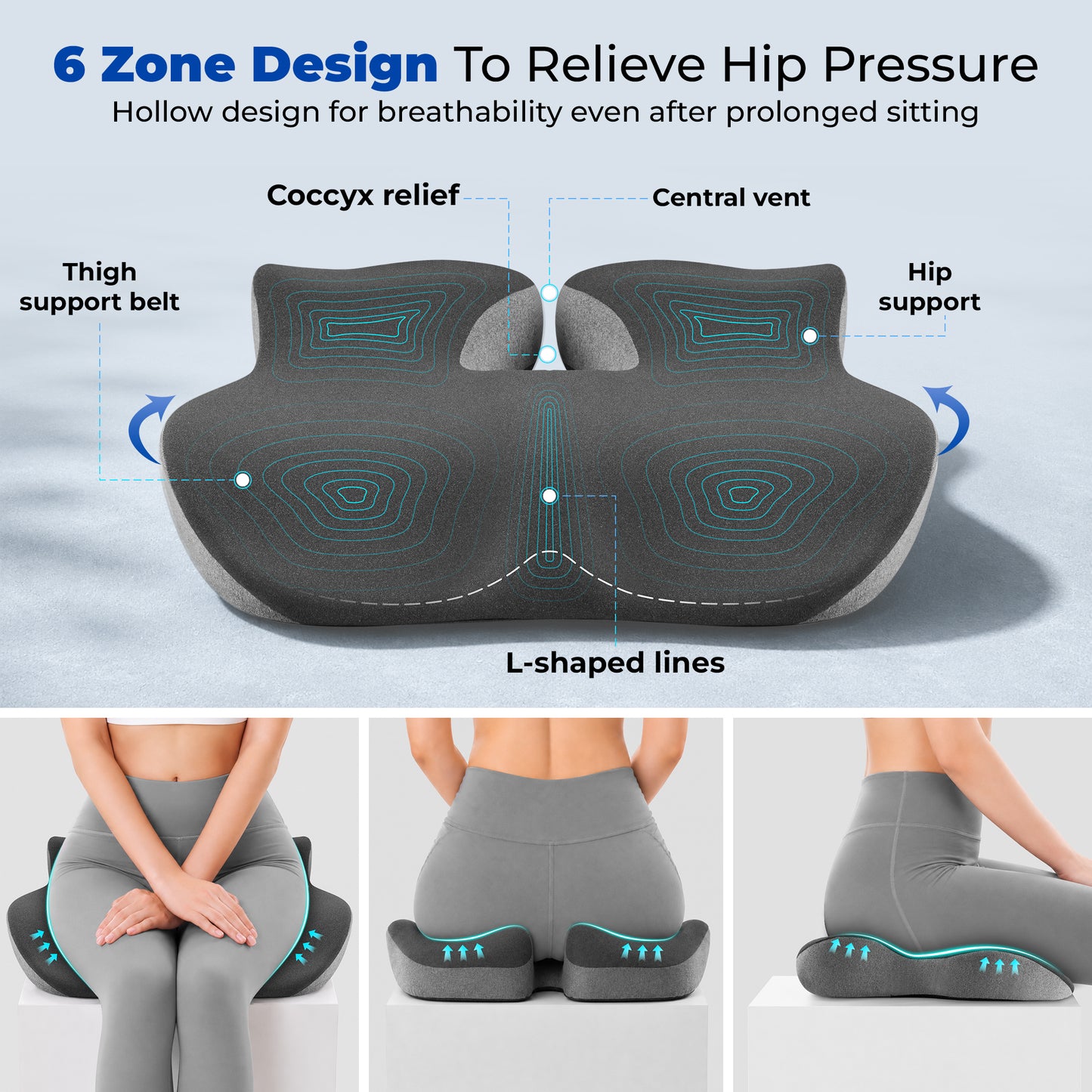 WANALIT Seat Cushion for Tailbone & Sciatica Pain Relief, Ergonomic Memory Foam Coccyx Cushion for Office Chair, Car, Wheelchair & Long Sitting, Pressure Relief Pad for Hip & Tailbone - Gray