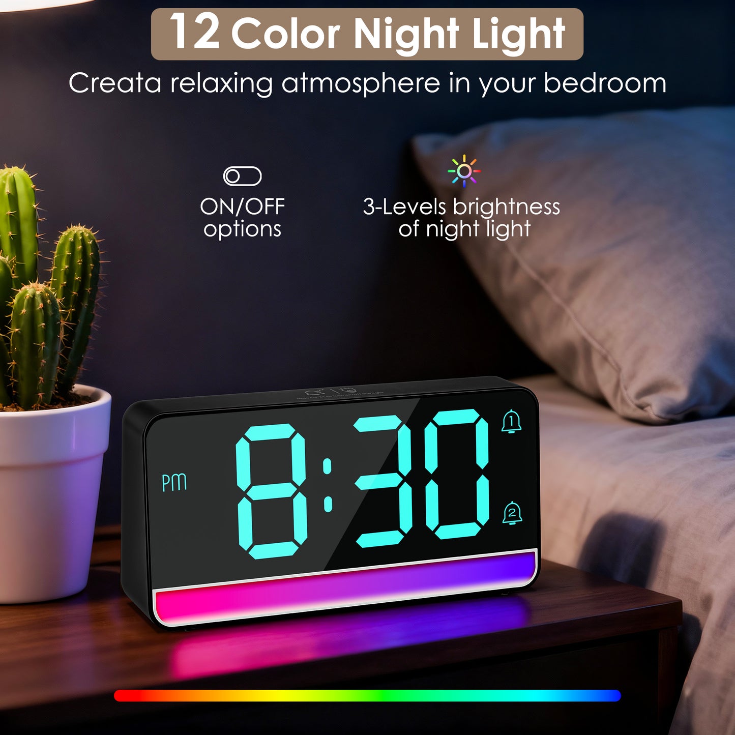 Onekawa Digital Alarm Clock for Bedrooms Living Room with USB Charging Port Super Loud Alarm Clocks for Heavy Sleepers with Large Big Numbers, Electric Desk Clock with LED RGB Ambient