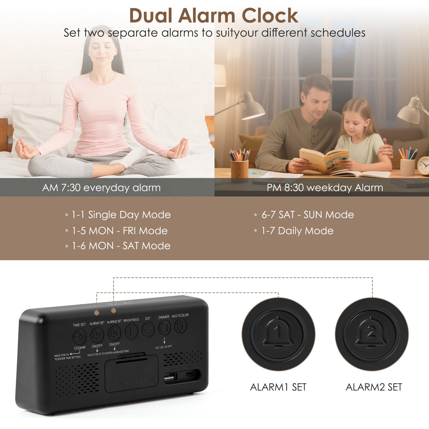 Onekawa Digital Alarm Clock for Bedrooms Living Room with USB Charging Port Super Loud Alarm Clocks for Heavy Sleepers with Large Big Numbers, Electric Desk Clock with LED RGB Ambient