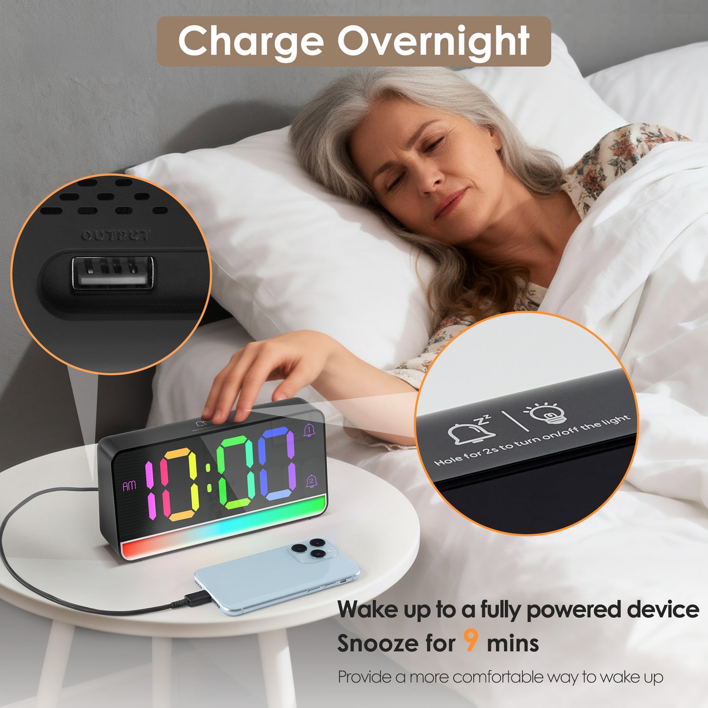Onekawa Digital Alarm Clock for Bedrooms Living Room with USB Charging Port Super Loud Alarm Clocks for Heavy Sleepers with Large Big Numbers, Electric Desk Clock with LED RGB Ambient