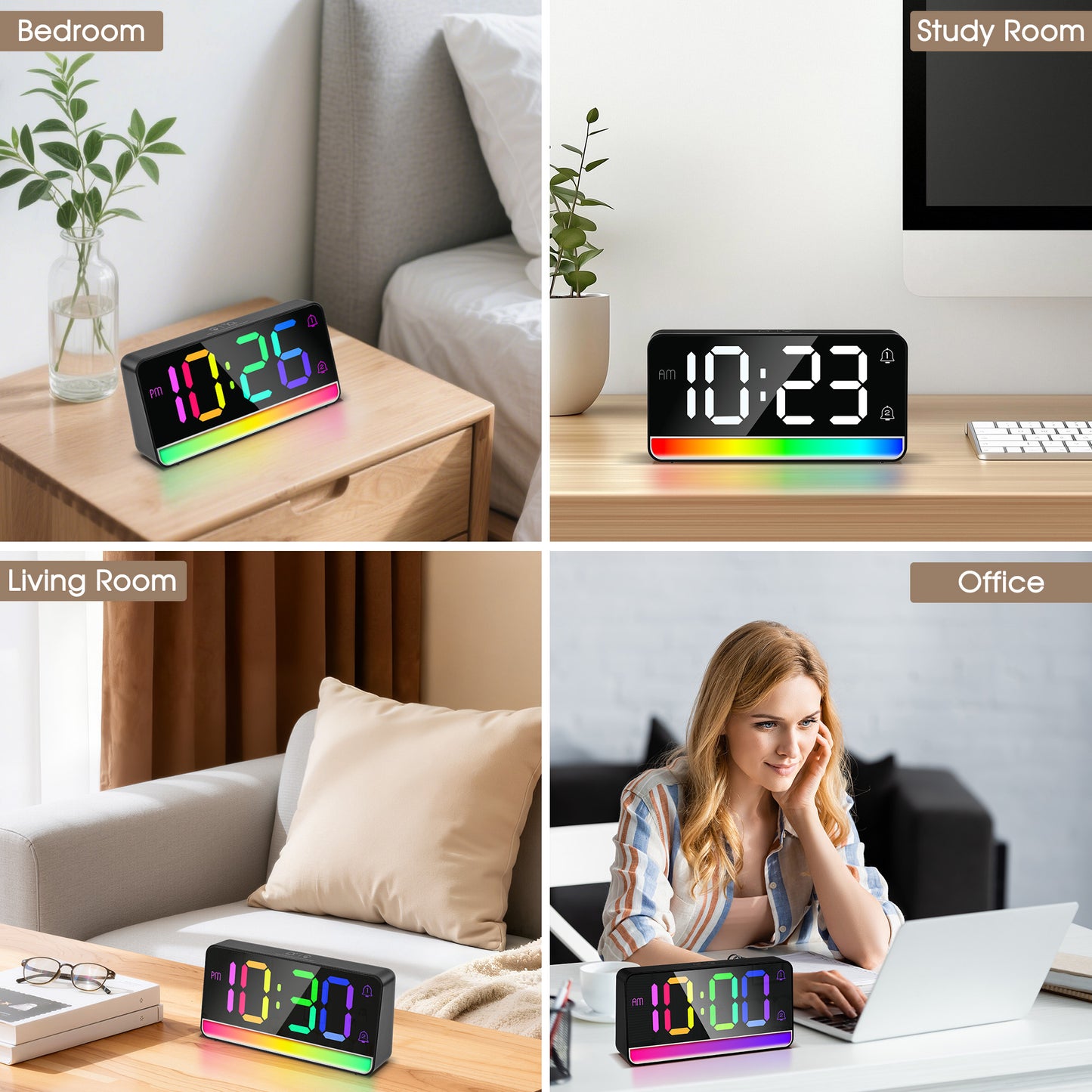 Onekawa Digital Alarm Clock for Bedrooms Living Room with USB Charging Port Super Loud Alarm Clocks for Heavy Sleepers with Large Big Numbers, Electric Desk Clock with LED RGB Ambient
