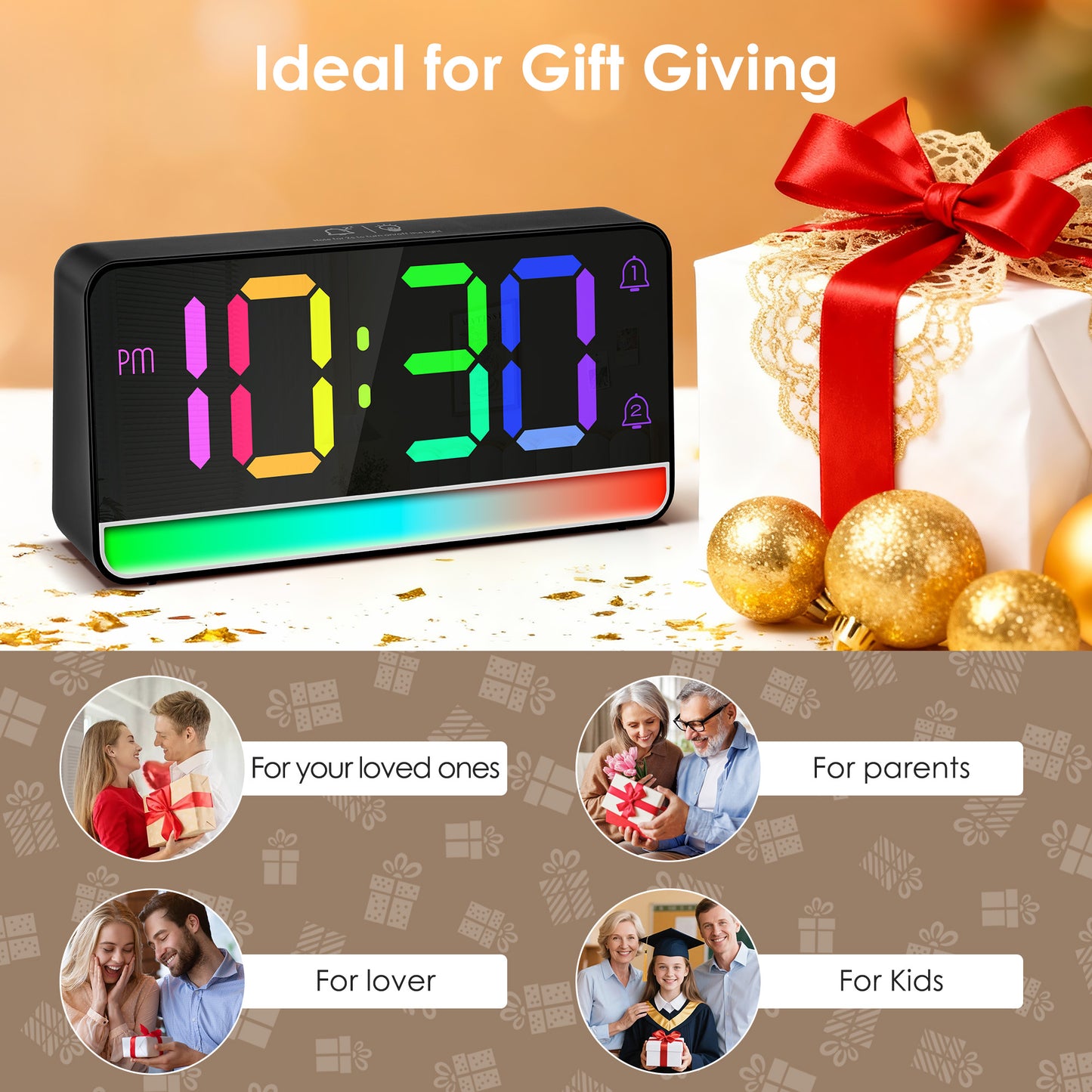 Onekawa Digital Alarm Clock for Bedrooms Living Room with USB Charging Port Super Loud Alarm Clocks for Heavy Sleepers with Large Big Numbers, Electric Desk Clock with LED RGB Ambient